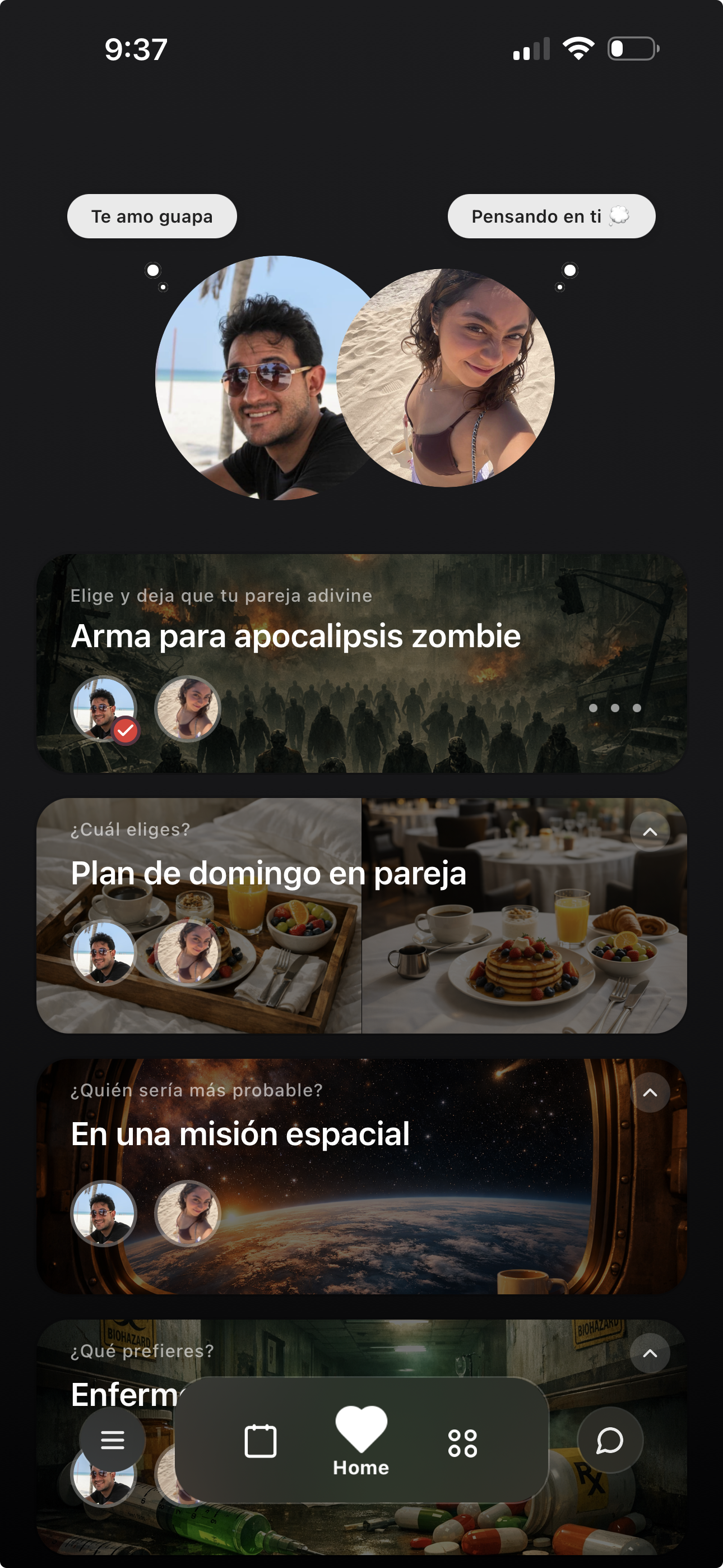 Inicio de weonli con actividades para pareja